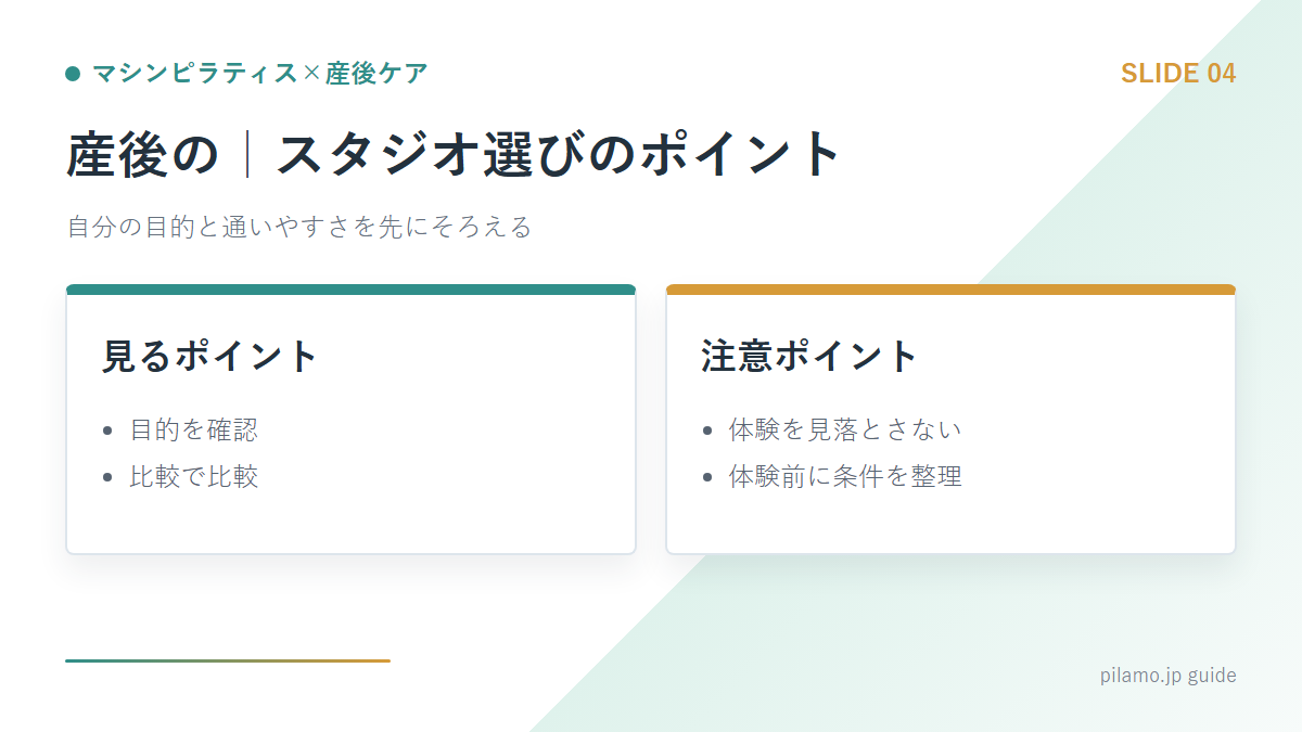 マシンピラティス×産後ケア「産後の｜スタジオ選びのポイント」の要点を整理した図解