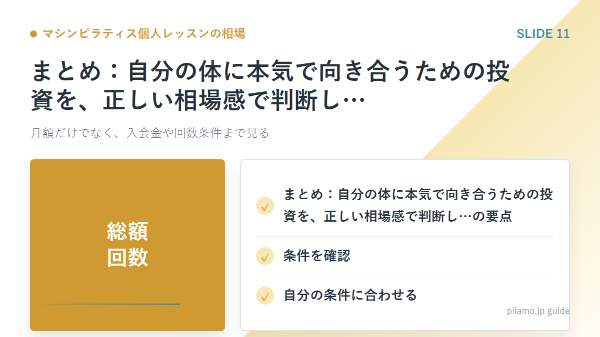 マシンピラティス個人レッスンの相場「まとめ：自分の体に本気で向き合うための投資を、正しい相場感で判断し…」の要点を整理した図解