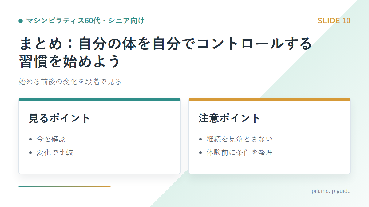 マシンピラティス60代・シニア向け「まとめ：自分の体を自分でコントロールする習慣を始めよう」の要点を整理した図解