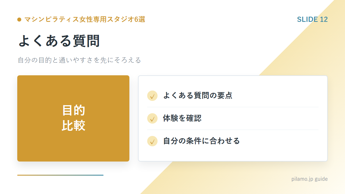 マシンピラティス女性専用スタジオ6選「よくある質問」の要点を整理した図解