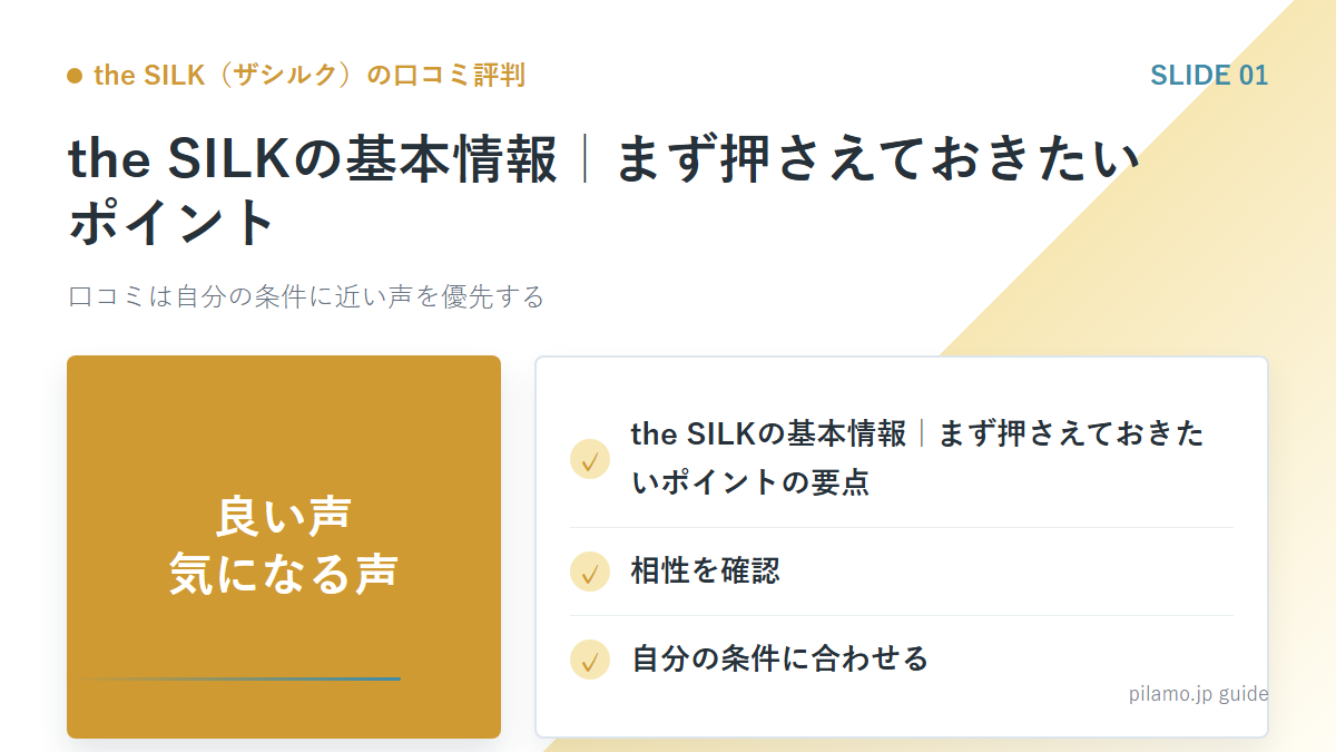 the SILK（ザシルク）の口コミ評判「the SILKの基本情報｜まず押さえておきたいポイント」の要点を整理した図解