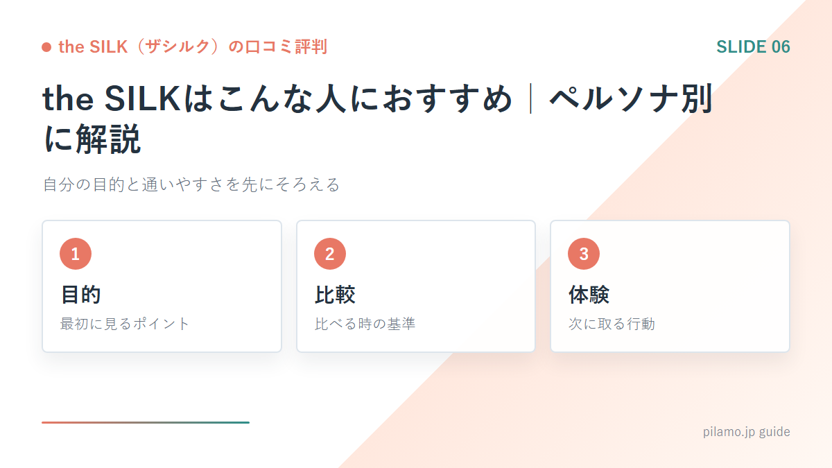 the SILK（ザシルク）の口コミ評判「the SILKはこんな人におすすめ｜ペルソナ別に解説」の要点を整理した図解