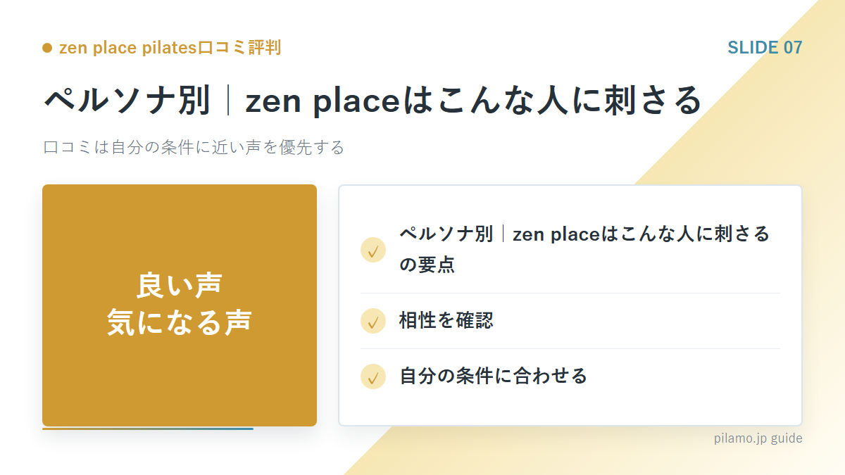 zen place pilates口コミ評判「ペルソナ別｜zen placeはこんな人に刺さる」の要点を整理した図解