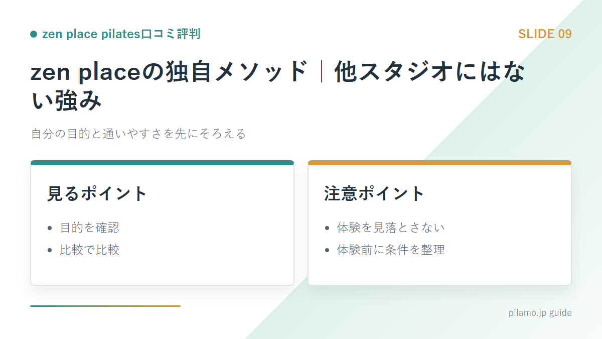 zen place pilates口コミ評判「zen placeの独自メソッド｜他スタジオにはない強み」の要点を整理した図解